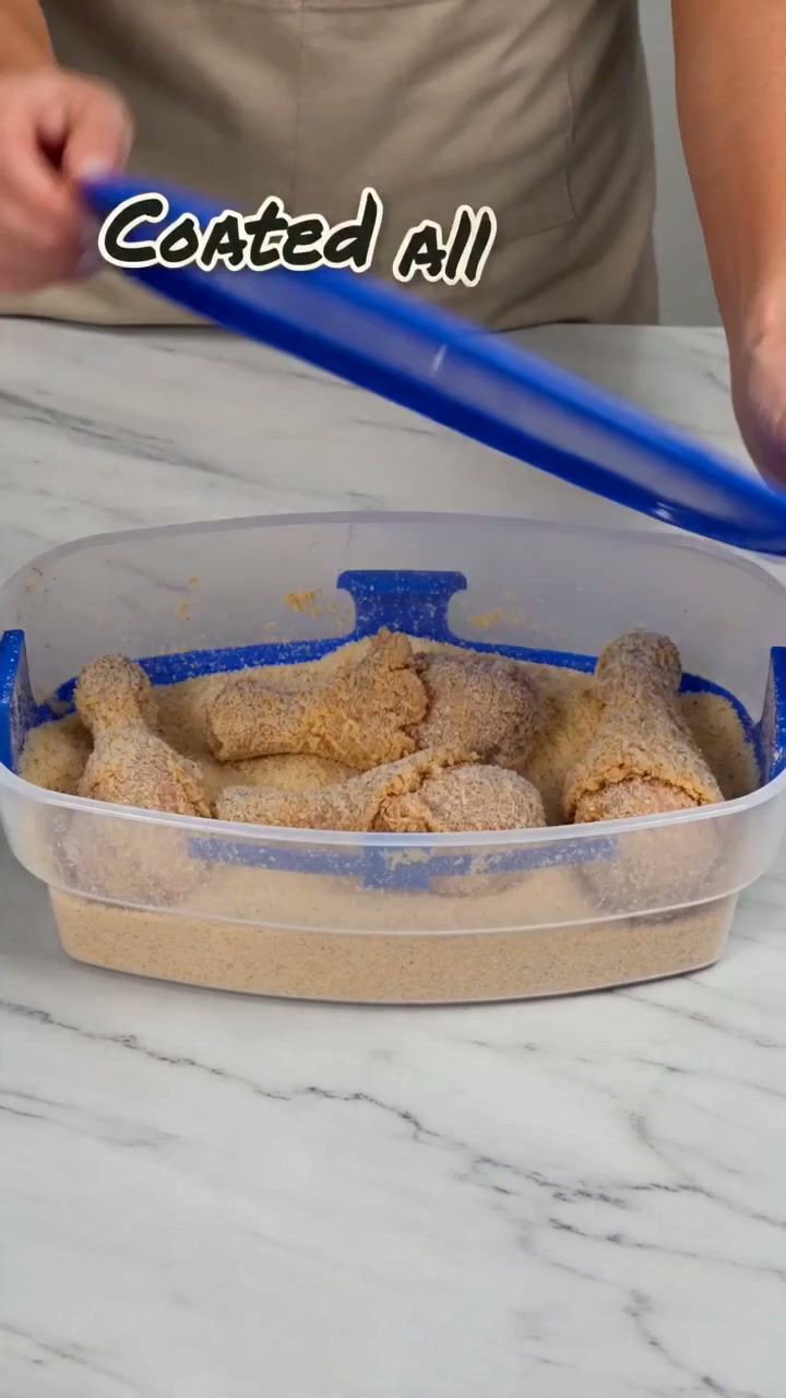 Chicken pieces coming out evenly coated after one shake