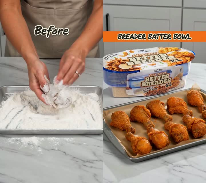Before & after — three messy dredging bowls vs. one shake container