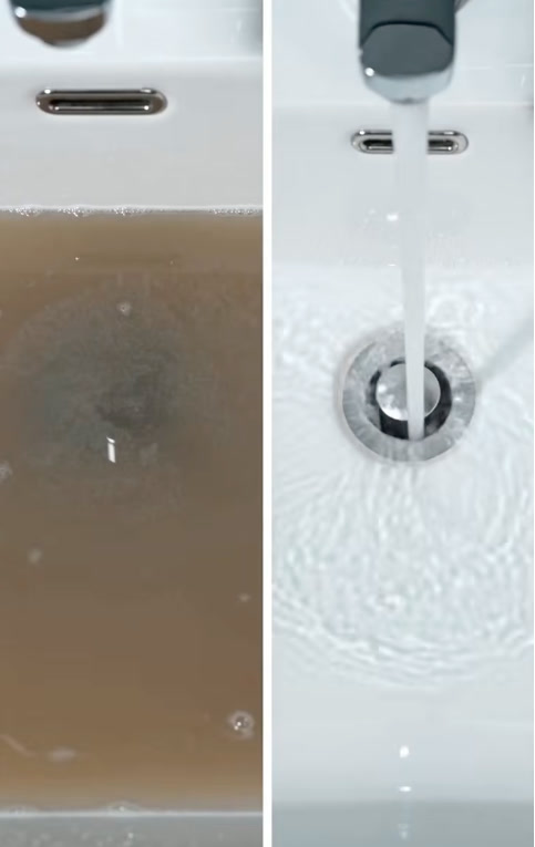 Before & after — murky water to a clear, fast drain