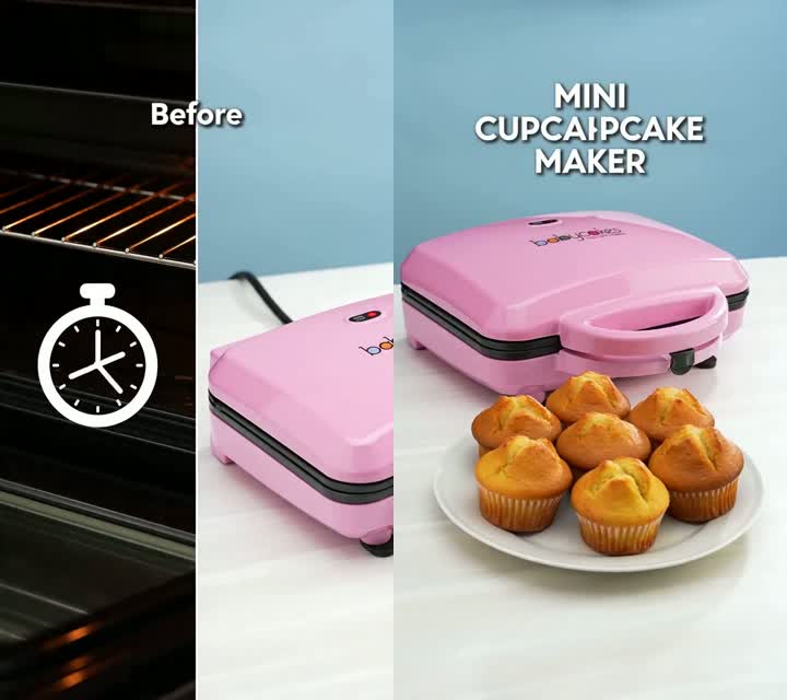 Before & after — a long oven wait vs. a dozen full-size cupcakes in ~10 minutes