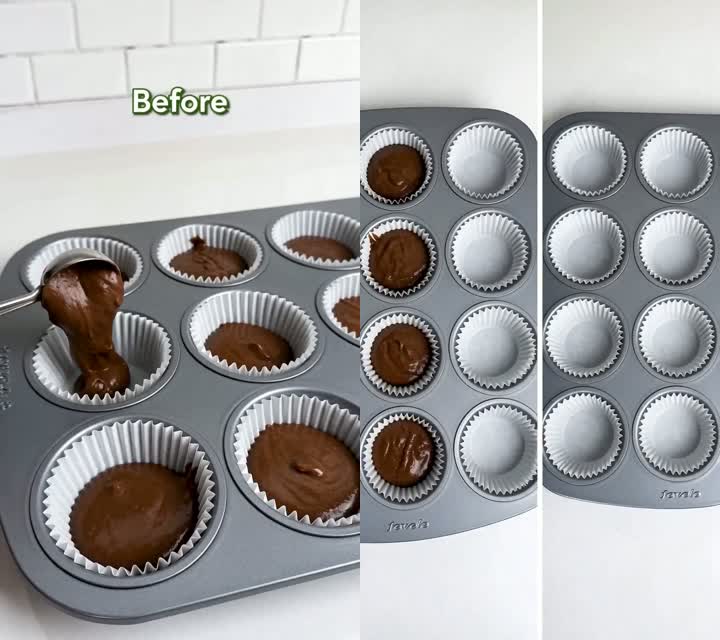 Before & after — spooned and scraped vs. a finished tray of even cupcakes
