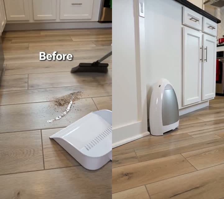 Before & after — a swept pile waiting for a dustpan vs. gone