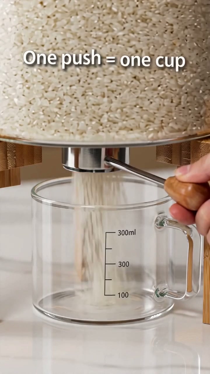 One pull of the lever drops a clean, pre-measured cup of rice