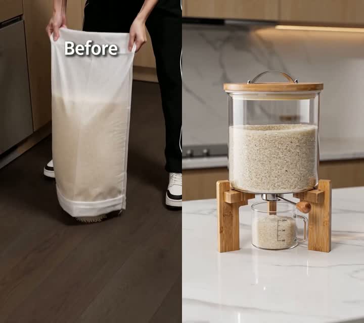 Before & after — a spilled sack of rice vs. one clean measured cup