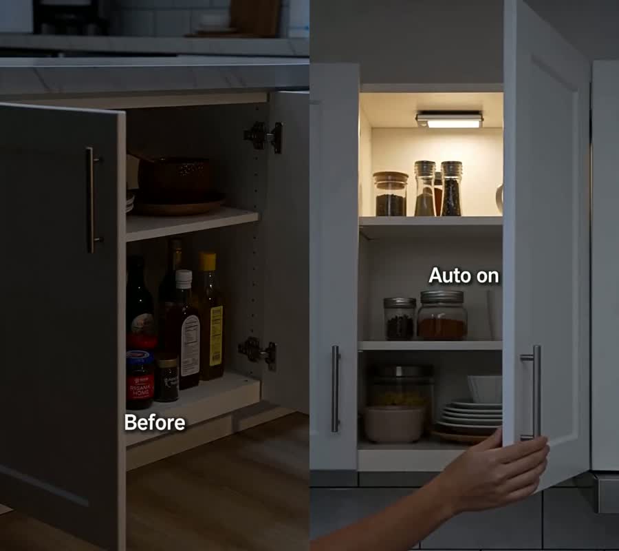 A dark cabinet vs. lit automatically on open