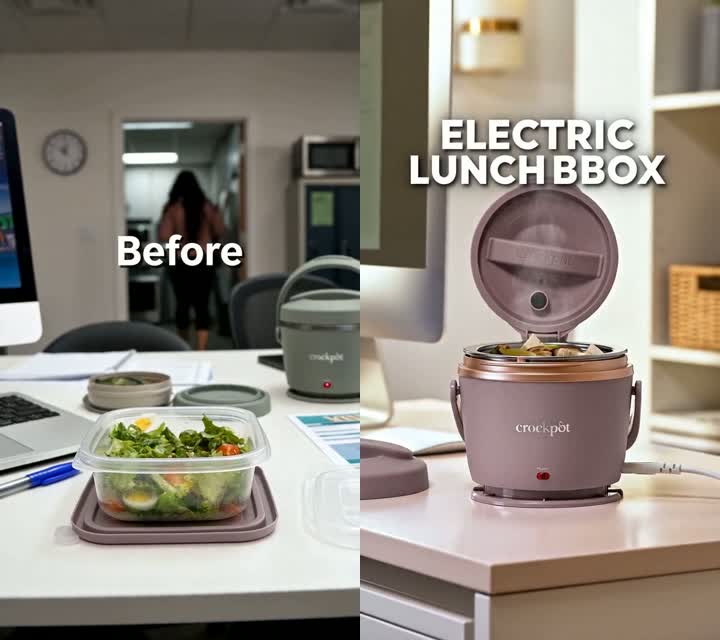 Before & after — a cold desk lunch vs. a steaming hot one