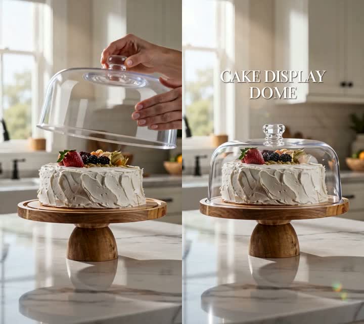 Before & after — a naked frosted cake vs. covered and protected