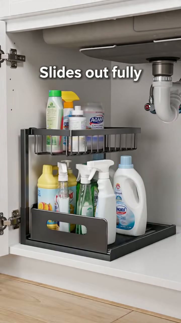 A two-tier rack that slides fully out from under the sink