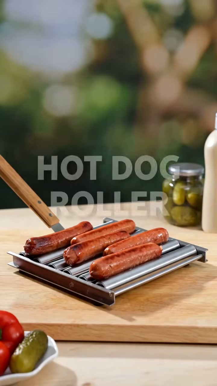 A manual roller rack that cooks a row of hot dogs evenly