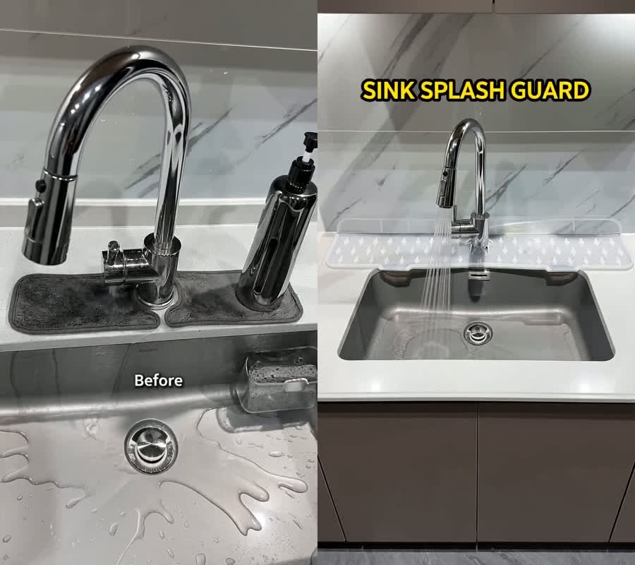 A wet, splashed counter vs. a dry one with the guard fitted
