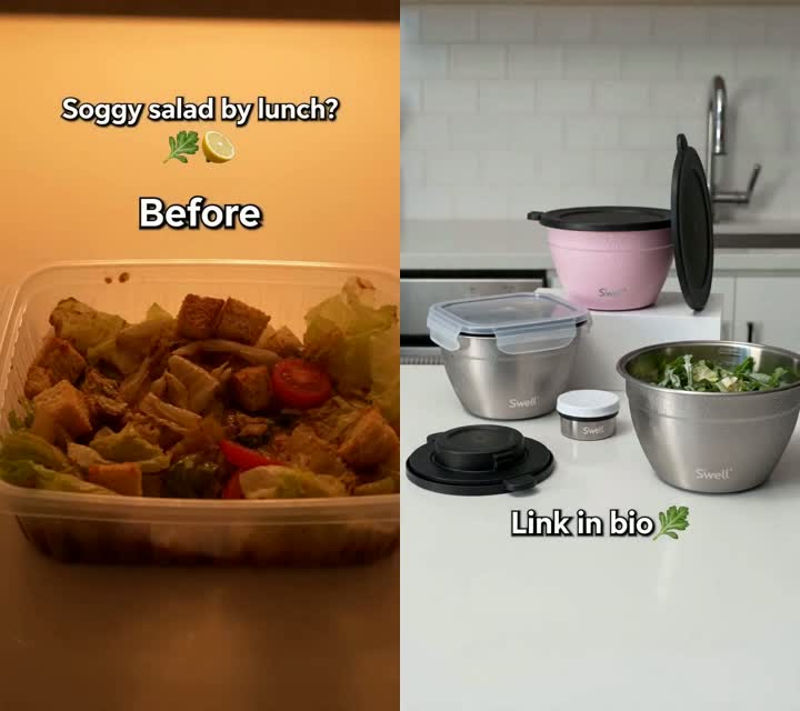 Before & after — a soggy desk-lunch salad vs. crisp at lunchtime