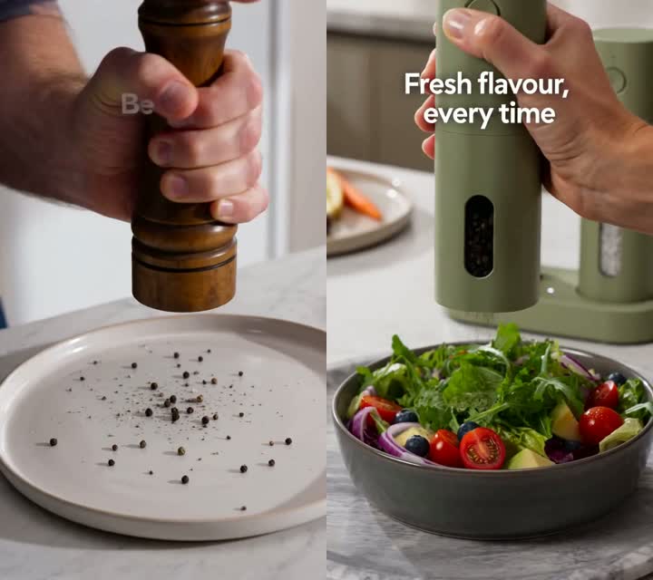 Before & after — a manual wooden mill vs. one-handed electric grinding