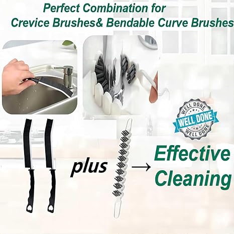 The flexible brush bends around faucets and curved surfaces