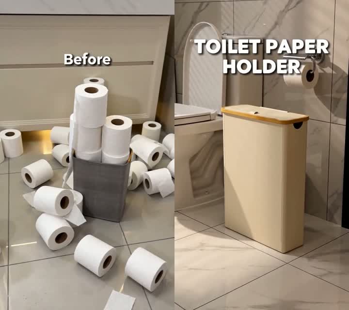 Before & after — loose rolls stacked on the floor vs. tidied away