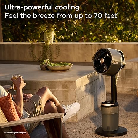 Fine mist adds evaporative cooling a dry fan can't match