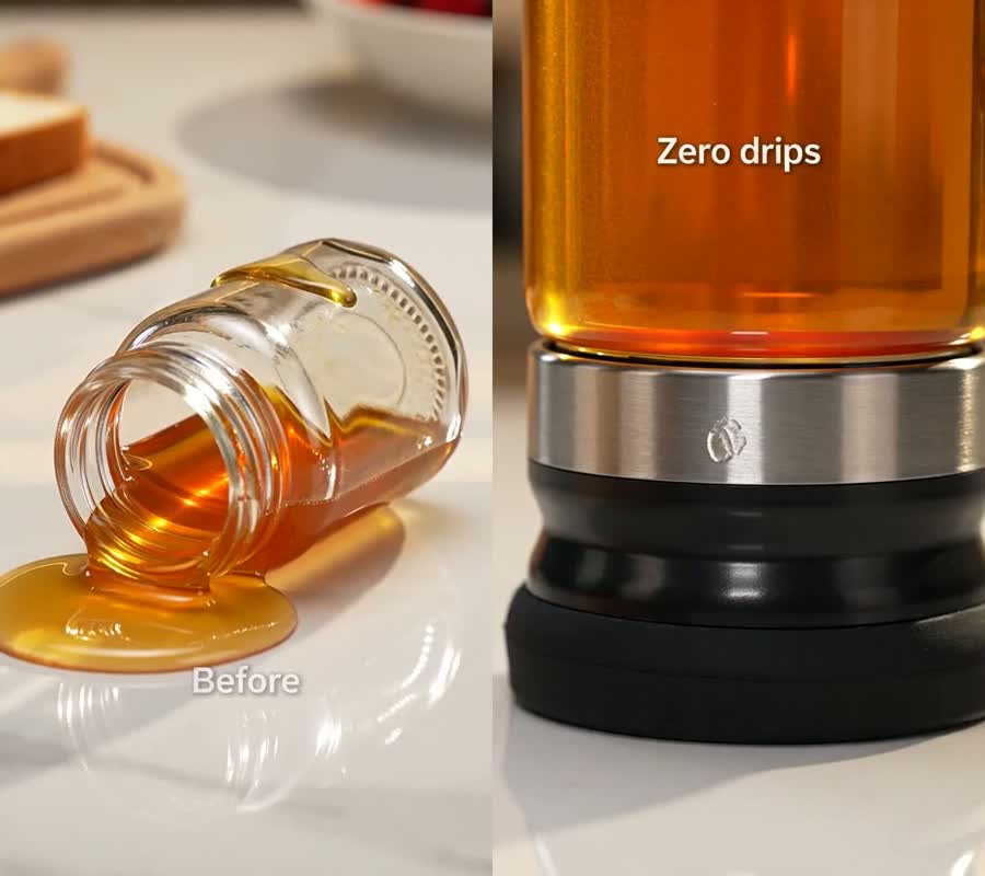 A sticky tipped-over jar vs. a clean no-drip base